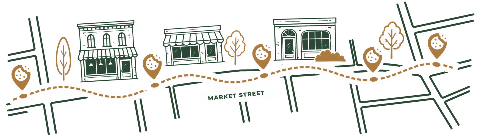 Illustrated map of Market Street with a dotted cookie tour route and cookie stop pins