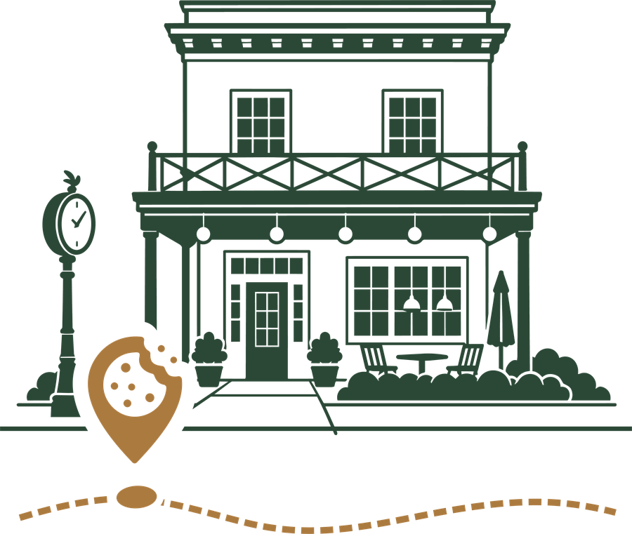 Illustrated Downtown storefront with a street clock, patio seating and a Cookie Stop pin on the dotted tour route